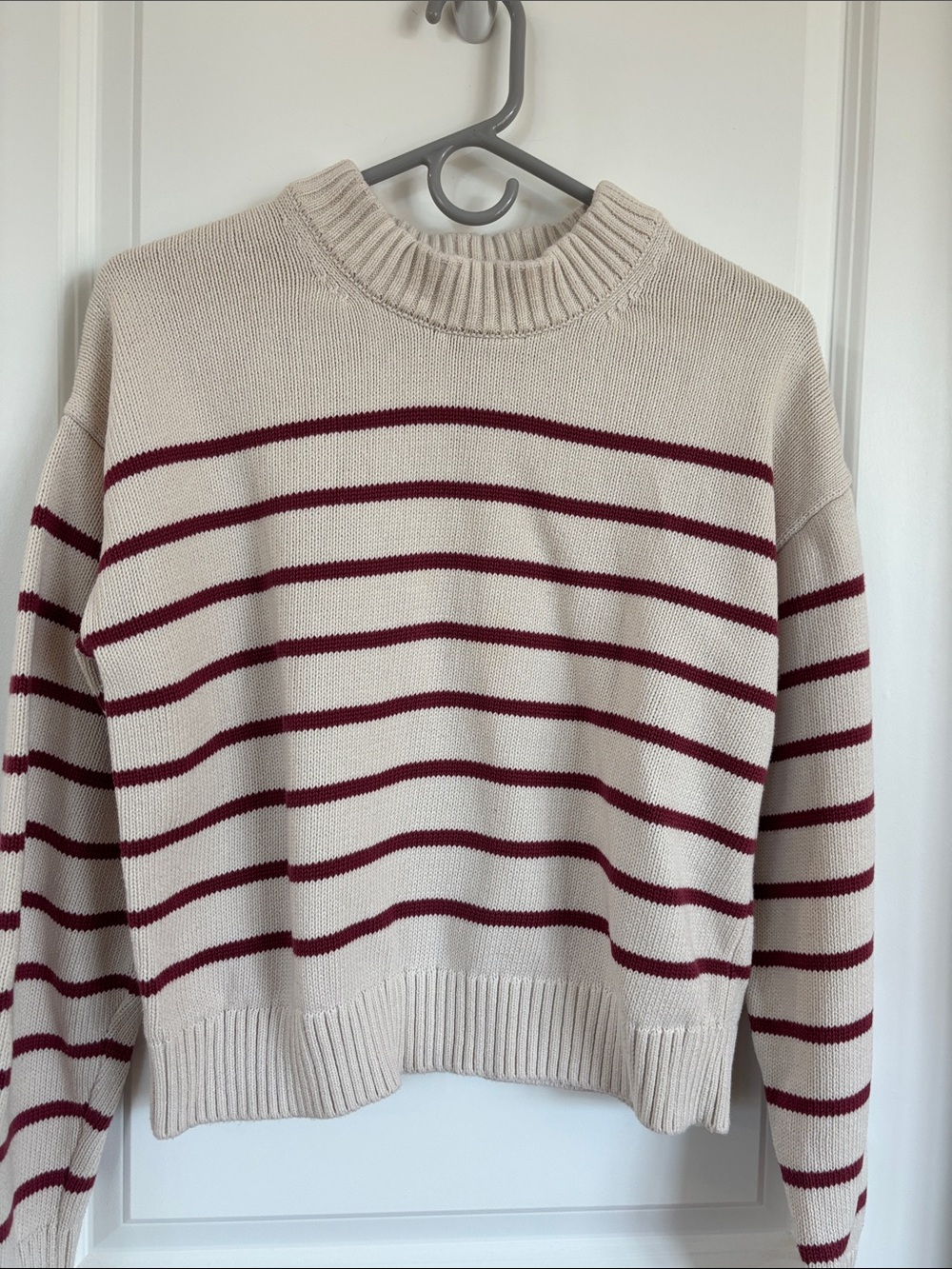 GAP Cream Stripe Crewneck Sweater with Burgundy Stripes